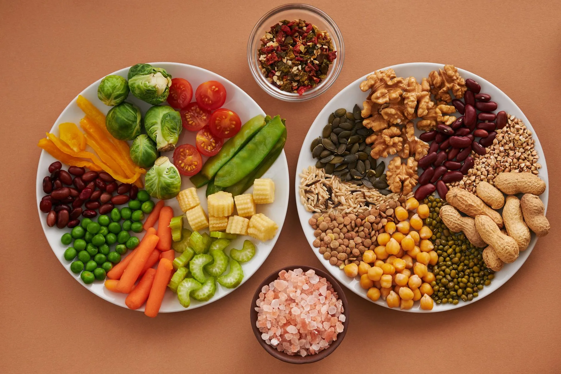 balanced healthy plate with vegetables protein legumes