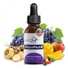 client product image of GlycoPezil bottle with glucose monitor and healthy food