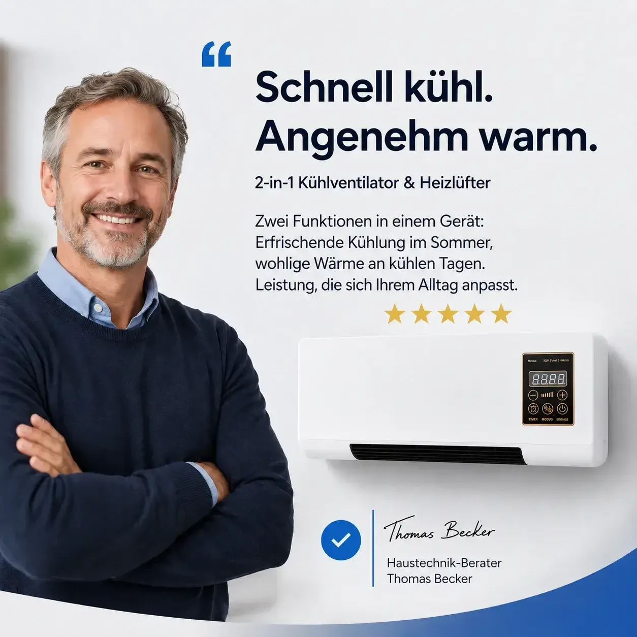 tragbarer Ventilator mit Heizfunktion — portable fan with heating function compact 2-in-1 device on a desk